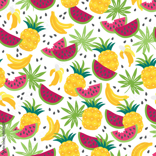 Seamless pattern with banana, palm leaves, watermelon and pineapple
