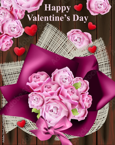 Happy Valentine Day card with roses bouquet Vector. Vintage provence style box