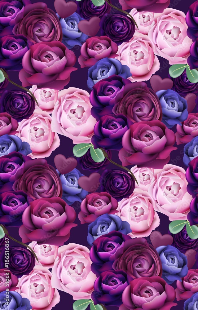Colorful blue and violet roses pattern Vector. Vertical background trendy designs