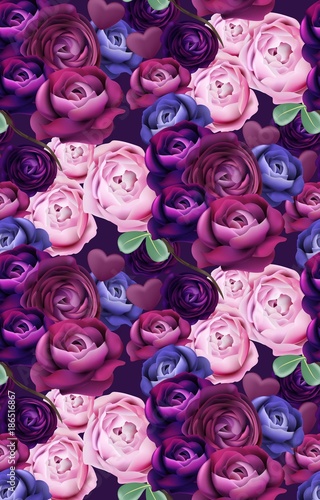 Colorful blue and violet roses pattern Vector. Vertical background trendy designs