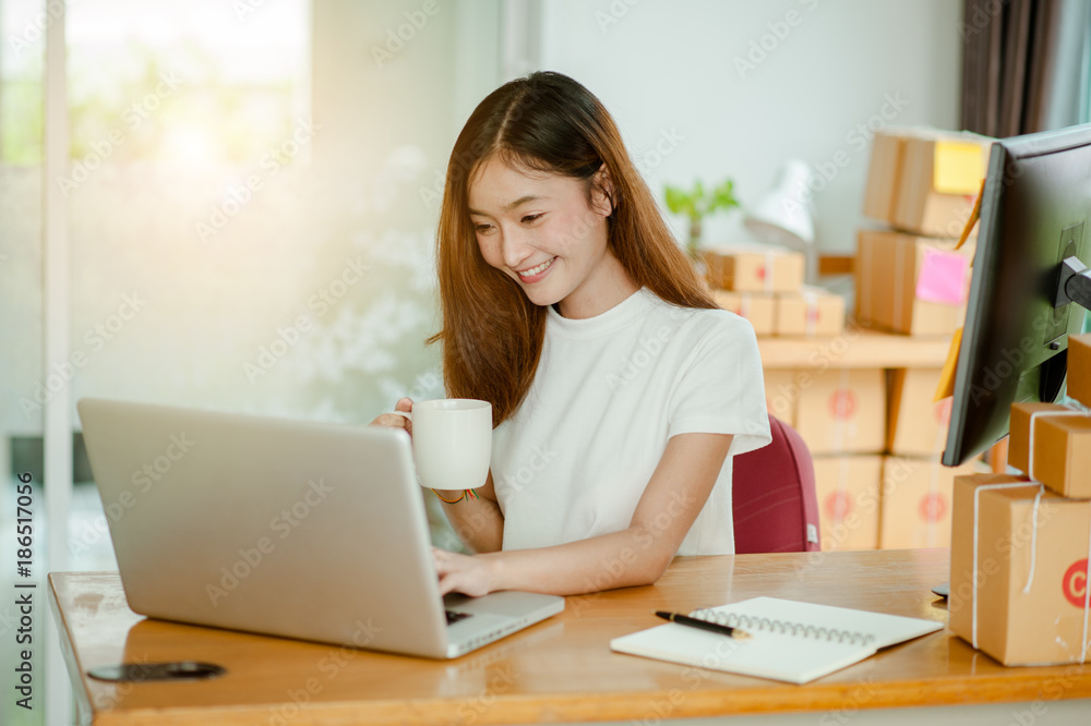 beautiful women owner business woman work at home for online shopping .online business concept beautiful women owner business woman work at home for online shopping .online business concept