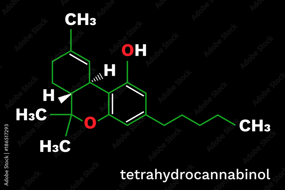 Skeletal stucture (molecular formula) of Tetrahydrocannabinol (THC, dronabinol). Vector. Skeletal stucture (molecular formula) of Tetrahydrocannabinol (THC, dronabinol). Vector.