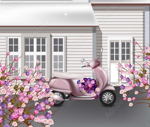 Valentines Day card with pink scooter and flowers bouquet Vector. Greeting ca...