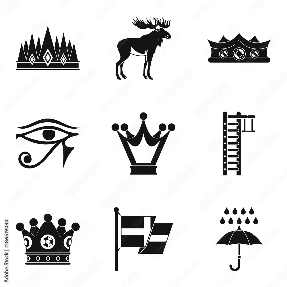 Crown of the king icons set, simple style Crown of the king icons set, simple style
