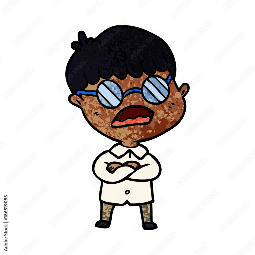 cartoon boy with crossed arms wearing spectacles