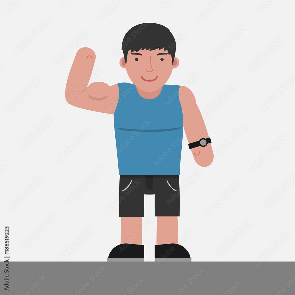 standing asian sport man character wear blue and gray clothes. watch on his wrist. on light gray backgorund. standing asian sport man character wear blue and gray clothes. watch on his wrist. on light gray backgorund.