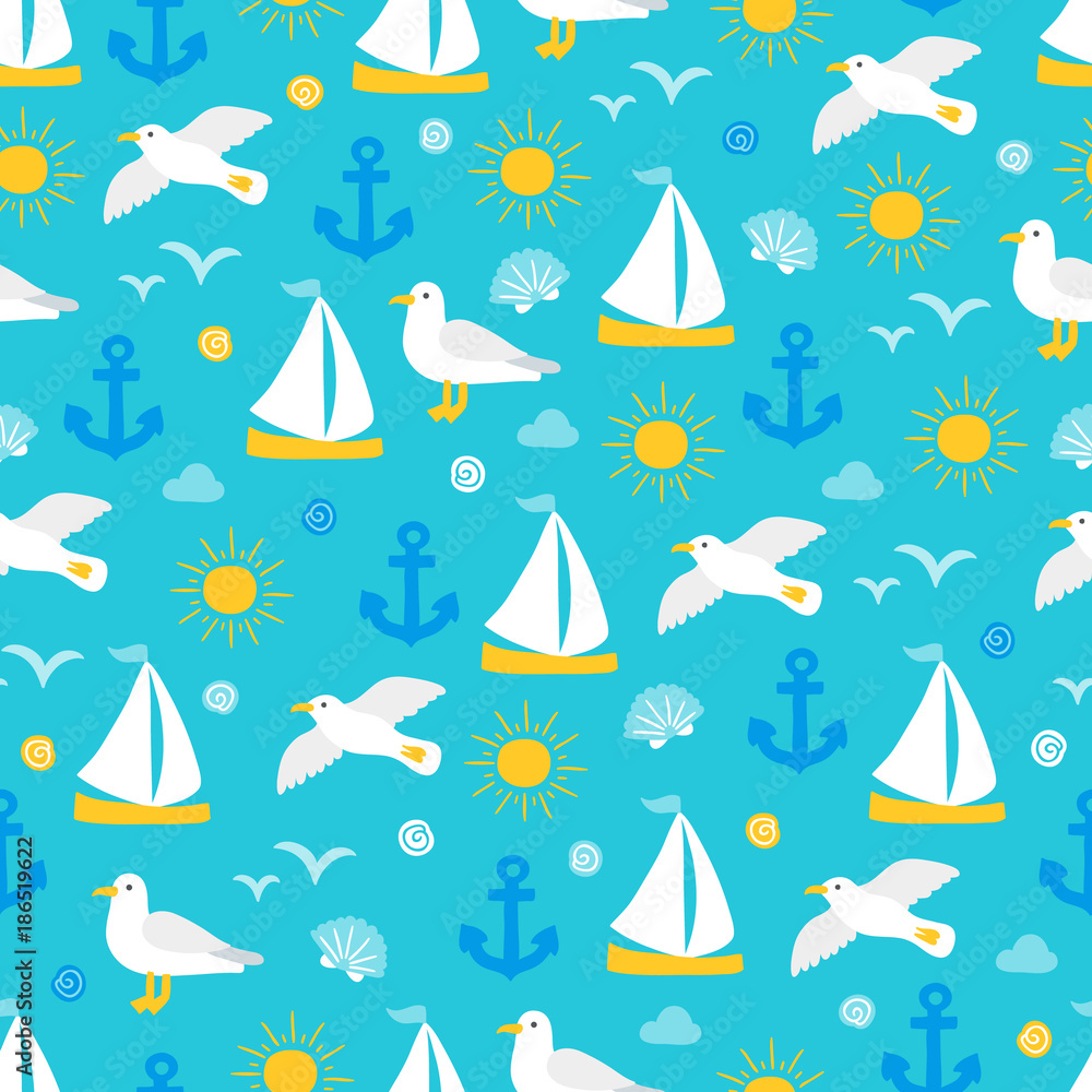 Naklejka premium Seamless pattern with seagull, anchor, shell and sailing boat