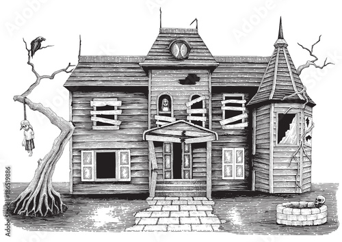 Ghost house hand drawing vintage style isolate on white background,Halloween day symbol and background