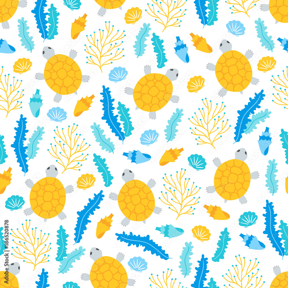 Seamless pattern with turtle, shell and seaweed Seamless pattern with turtle, shell and seaweed