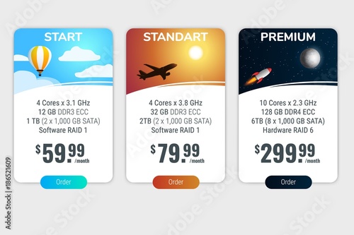 Table of prices for hosting. Design of the page with tariffs. Vector illustration.