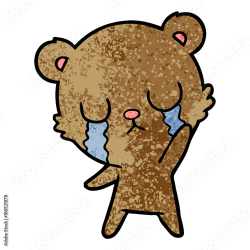 crying cartoon bear waving
