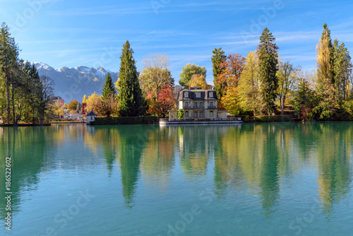 Beautiful lake Thun in Switzerland near Thun city during autumn season