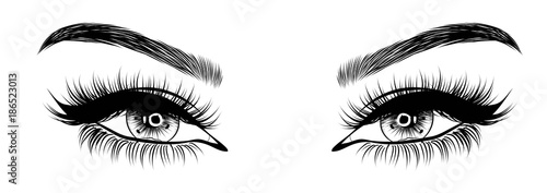 Hand-drawn woman's sexy makeup look with perfectly perfectly shaped eyebrows and extra full lashes. Idea for business visit card, typography vector.Perfect salon look
