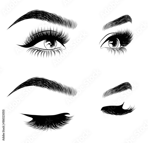 Hand-drawn woman's sexy luxurious eye with perfectly shaped eyebrows and full lashes. Idea for business visit card, typography vector. Perfect salon look.