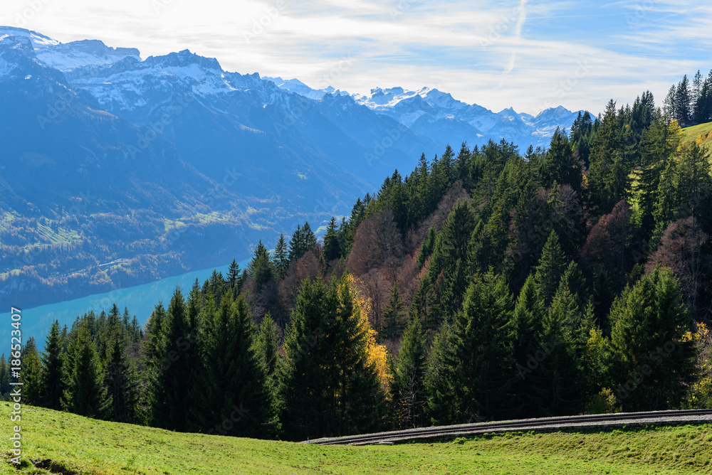 Panoramic view of lake Brienz & Swiss alps from classic old red train, Brienz Rothorn Bahn during autumn season Panoramic view of lake Brienz & Swiss alps from classic old red train, Brienz Rothorn Bahn during autumn season