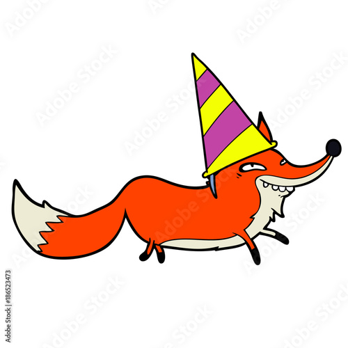 cute cartoon sly fox in party hat