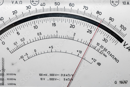Detail of an analog voltmeter, pointer scale