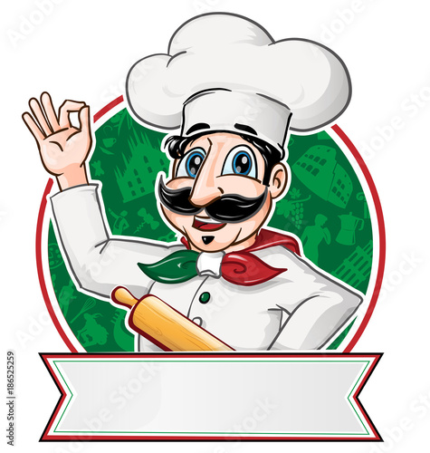 italian Chef  inside a circle with blank banner