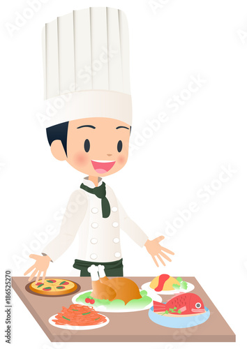 料理を完成させた男性シェフのイラスト画像