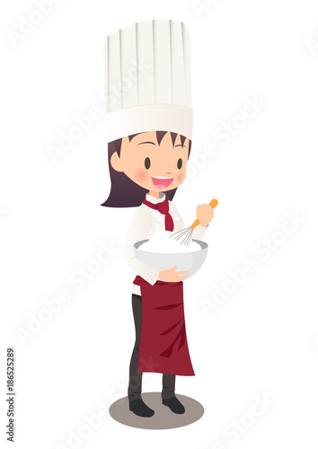 女性パティシエが生クリームを泡立てているイラスト画像