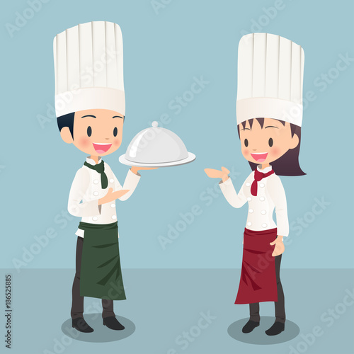 男女のシェフが料理の説明をしているイラスト画像