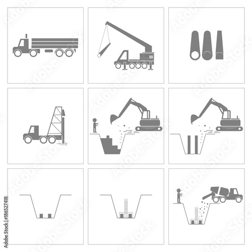 Method statement of construction pile driving and foundation work icons, Vector, Illustration