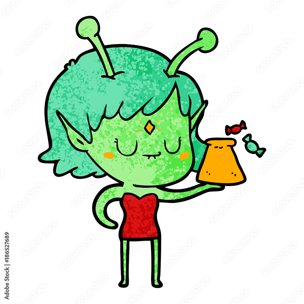 Fototapeta premium cartoon alien girl with bag of candy