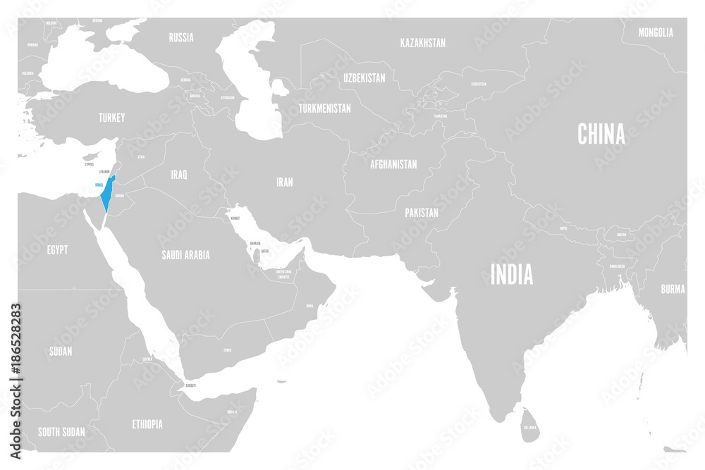 Israel blue marked in political map of South Asia and Middle East. Simple flat vector map..