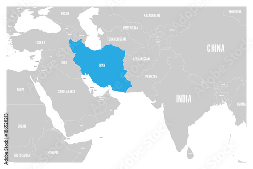 Iran blue marked in political map of South Asia and Middle East. Simple flat vector map..