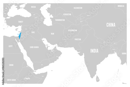 Israel blue marked in political map of South Asia and Middle East. Simple flat vector map..