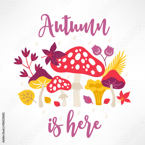 Autumn greeting card with mushroom, leaves, flower, branches