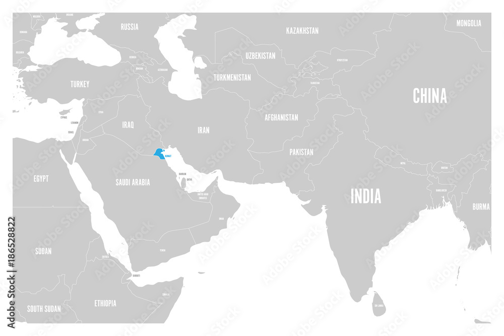 Kuwait blue marked in political map of South Asia and Middle East. Simple flat vector map..