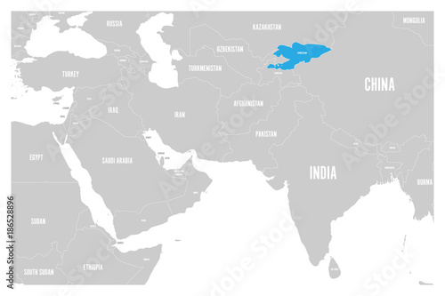 Kyrgyzstan blue marked in political map of South Asia and Middle East. Simple flat vector map..
