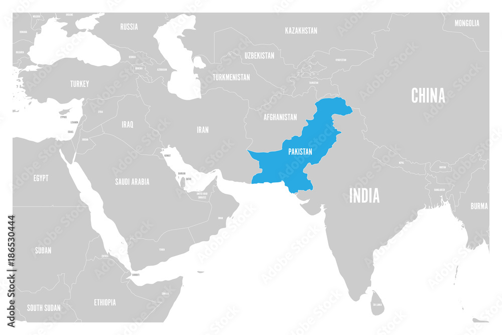 Pakistan blue marked in political map of South Asia and Middle East. Simple flat vector map..