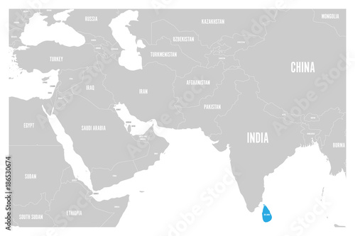 Sri Lanka blue marked in political map of South Asia and Middle East. Simple flat vector map..