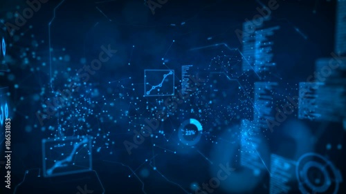 4K Animation Dot circle with connection line with HUD graph bar element on the dark background with grain processed