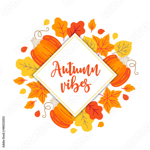 Autumn greeting card with pumpkin, oak, maple leaves