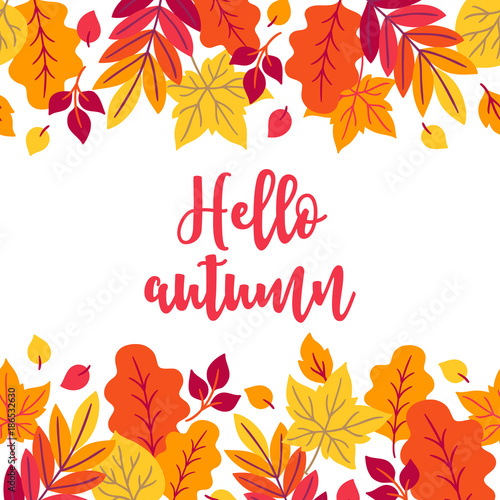 Autumn greeting card with branches, oak and maple leaves