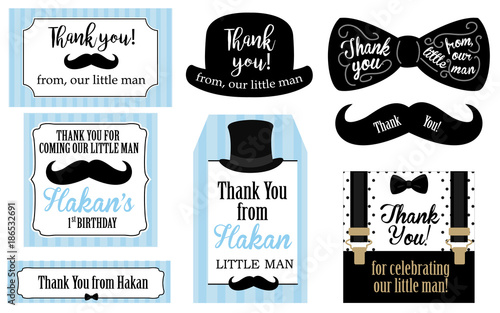 Little man birthday party ( Baby shower party) tags. Thank you favor card. Vector bow tie and suspenders. Black, blue, white - classic pattern. Set of design label (badge, sticker, frame) templates
