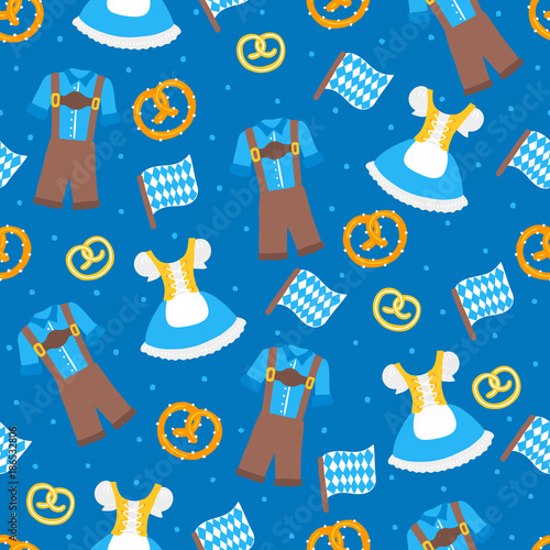 Oktoberfest seamless pattern with traditional clothes, flag and pretzel