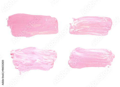 Vector pink paint smear stroke stain set. Abstract pink glittering textured art illustration. Acrylic Texture Paint Stain Illustration. Hand drawn brush strokes vector elements. Acrilyc strokes.