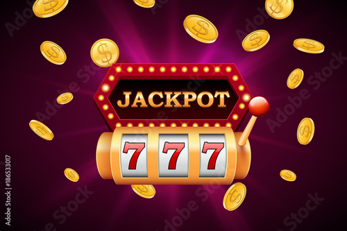 Slot machine and jackpot banner with falling golden coins, vector design