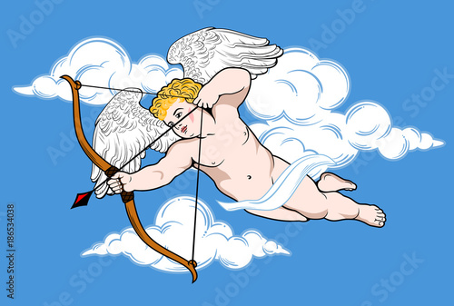 Cute little Cupid is aiming from a crossbow
