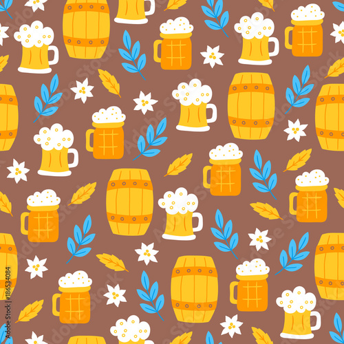 Oktoberfest seamless pattern with edelweiss, barrel, branch, leaves, beer glass