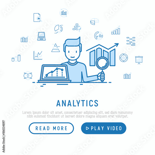 Analyst collecting and analyzing data concept with thin line icons: diagram, chart, statistics, pyramid. Modern vector illustration, web page template.