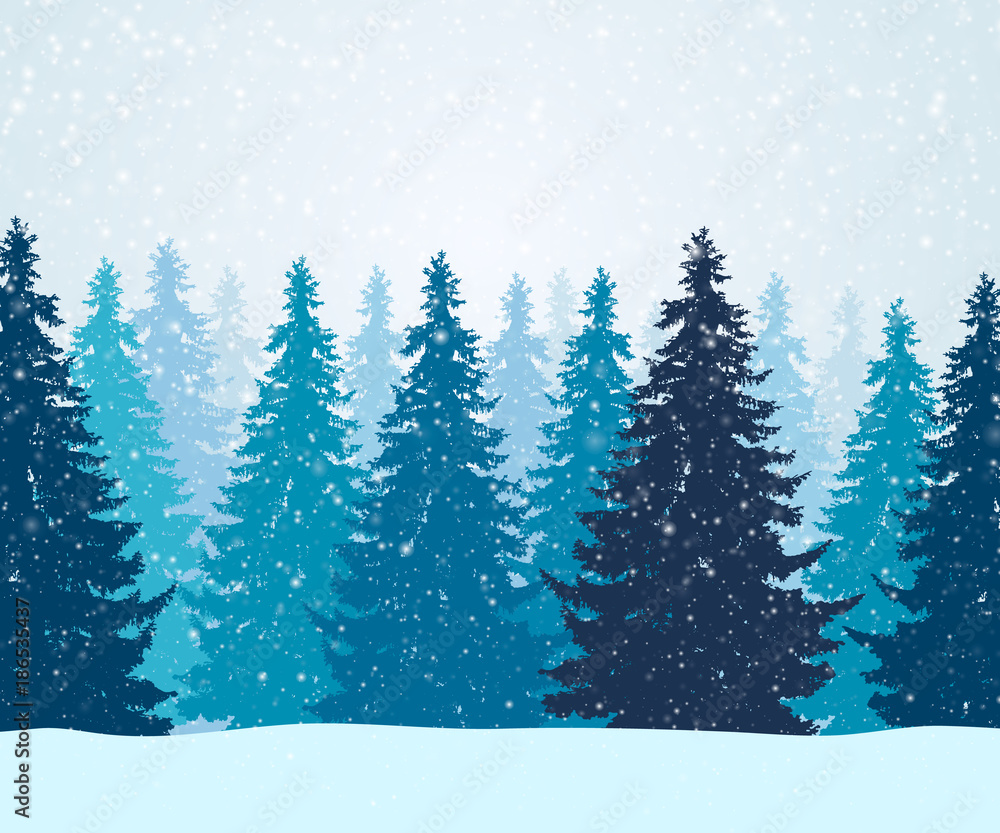 Vector illustration of winter forest with falling snowflakes