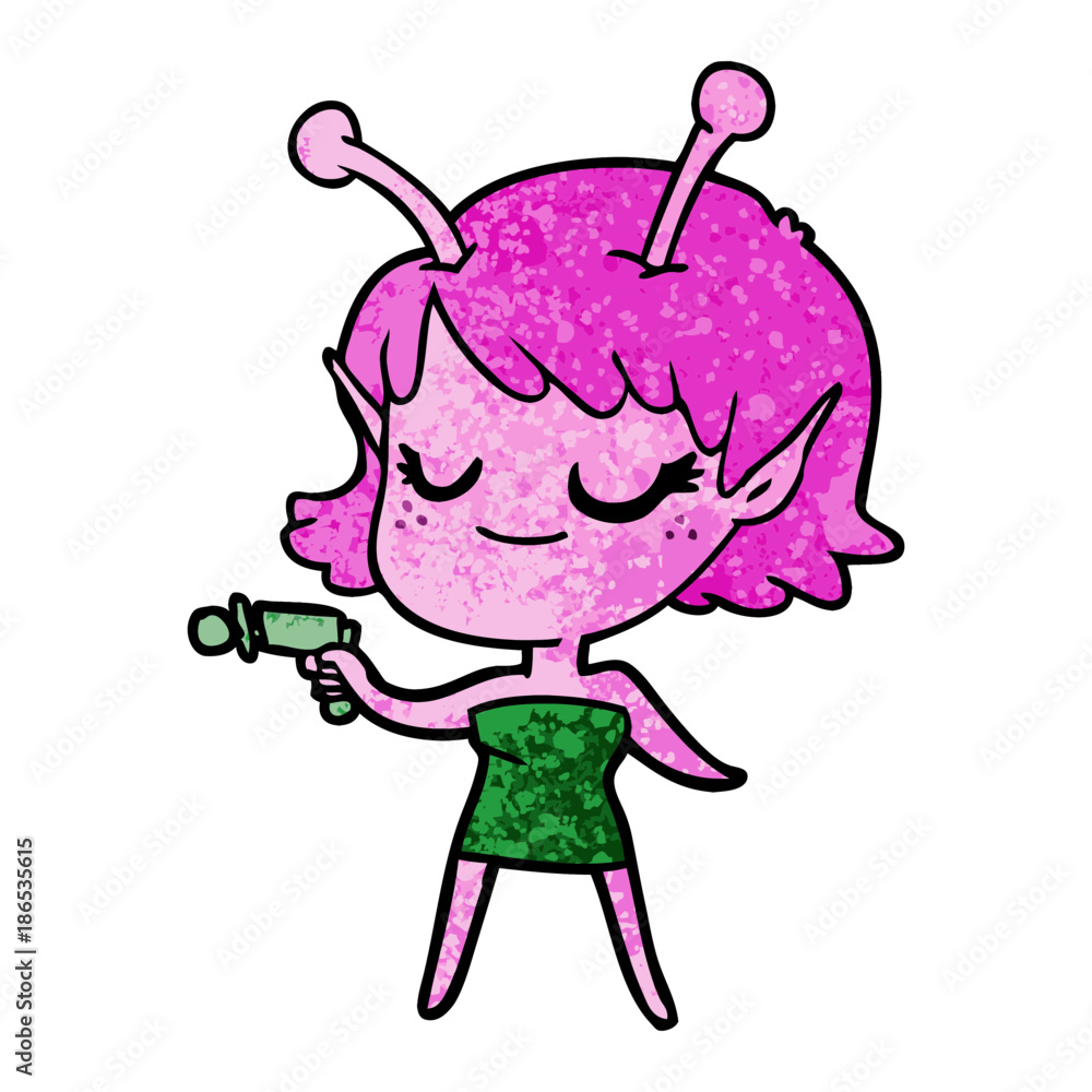 smiling alien girl cartoon pointing ray gun