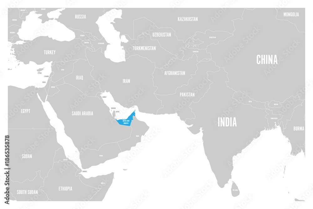 United Arab Emirates blue marked in political map of South Asia and Middle East. Simple flat vector map.