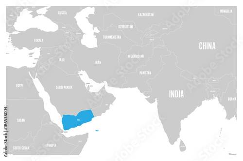 Yemen blue marked in political map of South Asia and Middle East. Simple flat vector map..