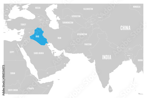 Iraq blue marked in political map of South Asia and Middle East. Simple flat vector map..